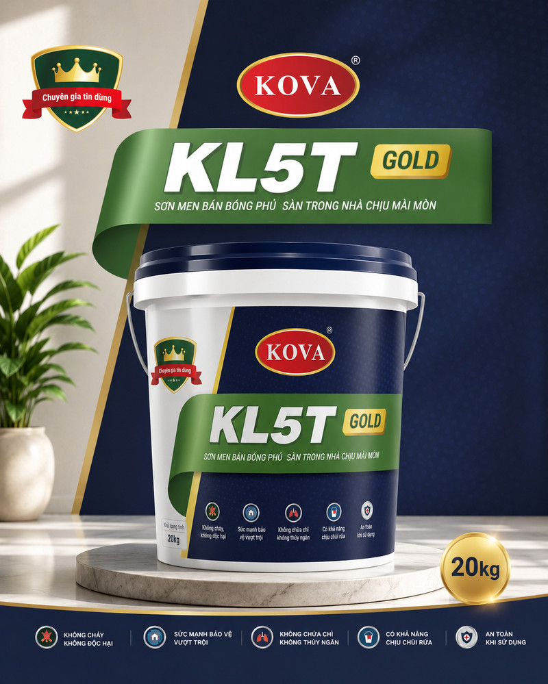 Poster KL5T GOLD, dải ruy băng xanh lá mang tên dòng, huy hiệu chuyên gia tin dùng góc trái