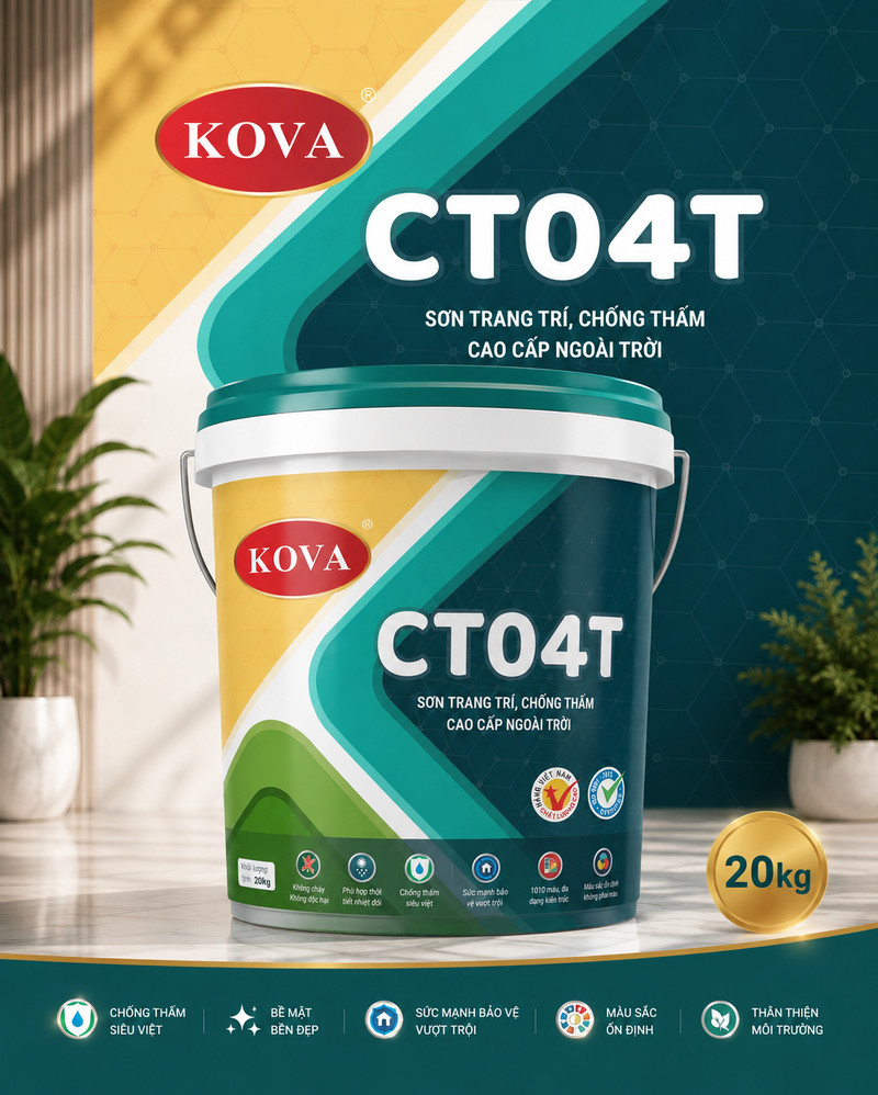 Poster CT04T tông xanh ngọc và vàng, thùng sơn nắp trắng giữa khung hình lượn sóng