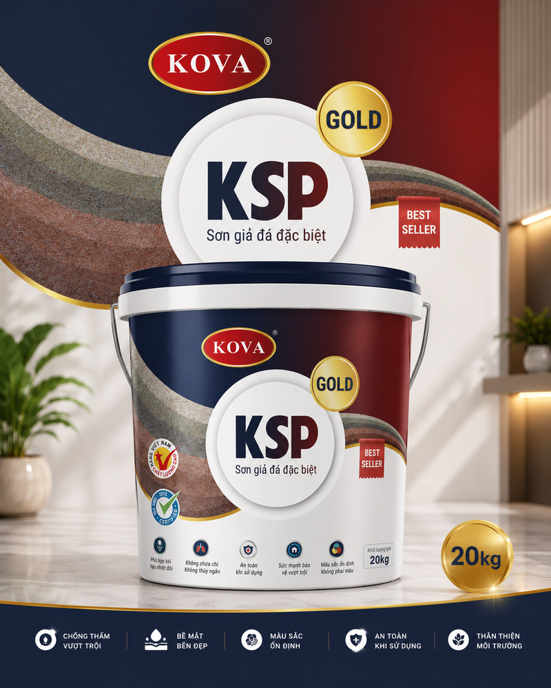 KSP GOLD · Sơn giả đá đặc biệt Poster KSP GOLD, dải vân đá nhiều màu chạy ngang trên đầu, đĩa tròn trắng mang tên dòng
