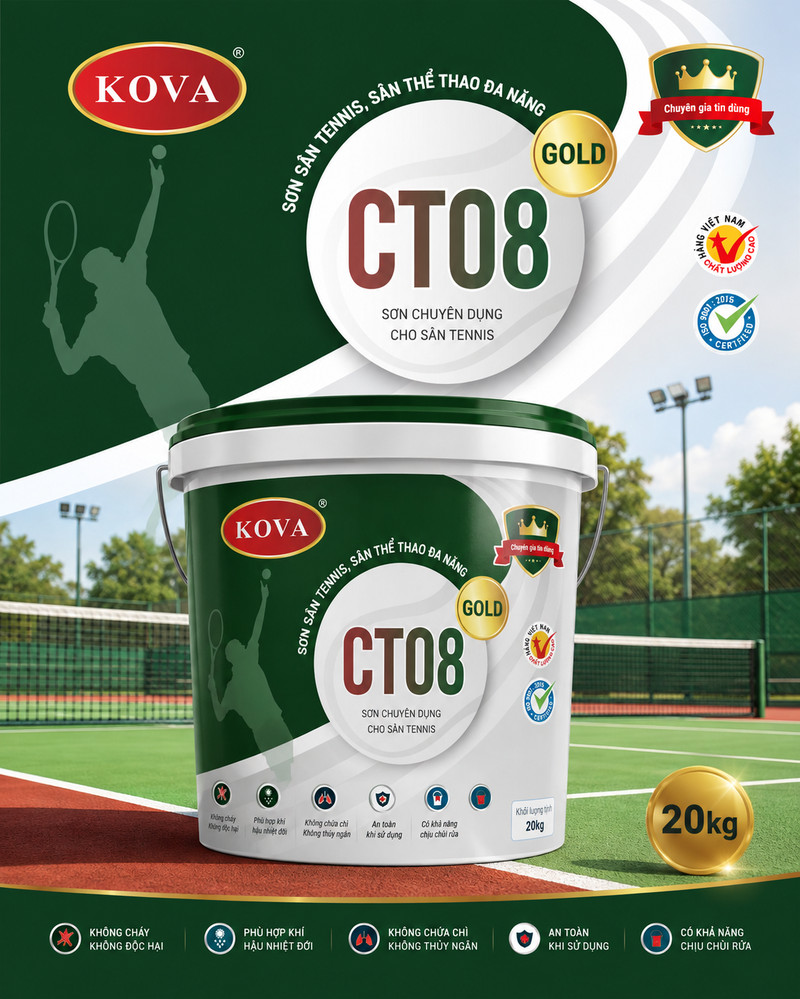 Poster CT08 GOLD nền xanh lá đậm, bóng người cầm vợt, thùng sơn đặt trên mặt sân