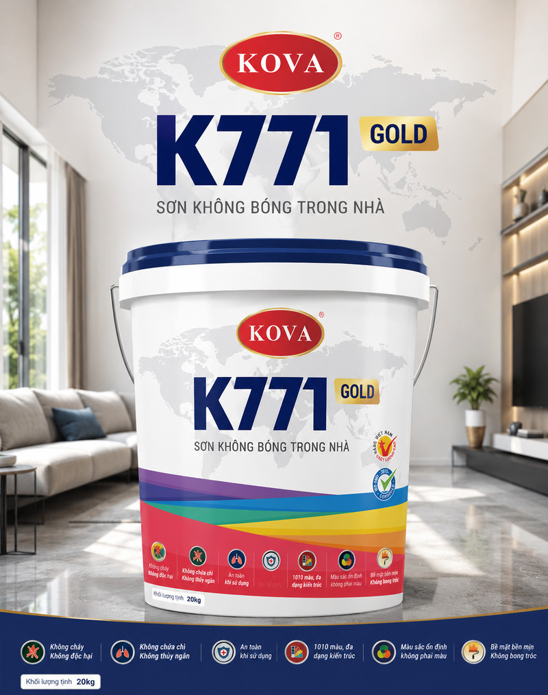 K771 GOLD · Bản bối cảnh phòng khách Poster K771 GOLD bản phòng khách, nền bản đồ thế giới mờ, dải màu dưới thân thùng