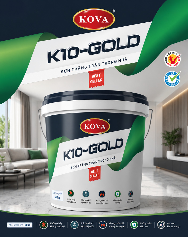 K10-GOLD · Bản xanh lá, bối cảnh phòng khách Poster K10-GOLD bản xanh lá, dải lụa xanh vắt qua đỉnh, thùng sơn trước phòng khách