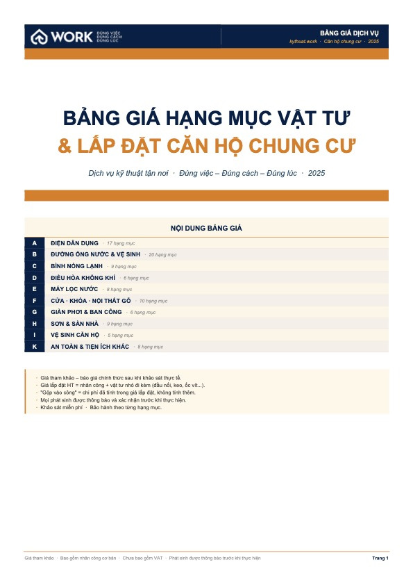 Bảng giá khổ A4 · Vật tư và lắp đặt Bảng giá hạng mục vật tư và lắp đặt căn hộ chung cư khổ A4 nền kem