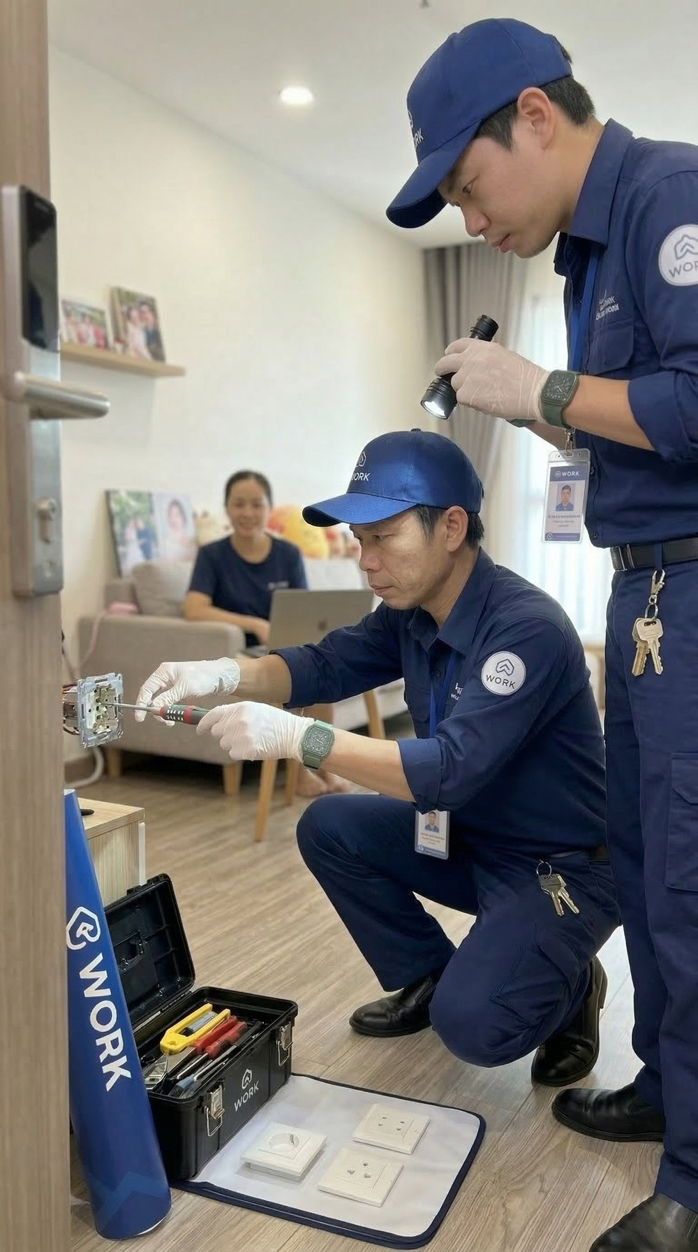 Kỹ thuật viên tại hiện trường Hai kỹ thuật viên kythuat.work thay đèn và mở thùng đồ nghề trong phòng khách căn hộ
