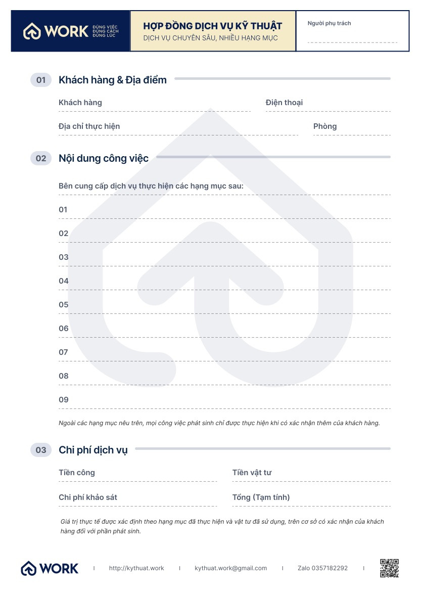 Hợp đồng dịch vụ kỹ thuật kythuat.work khổ A4 với ô điền khách hàng, nội dung công việc và chi phí