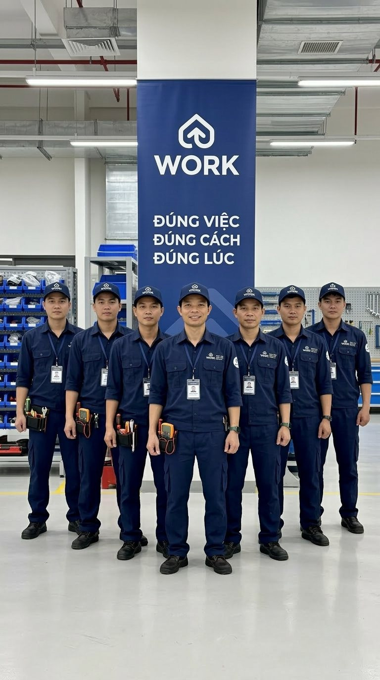 Kho vật tư Đội kỹ thuật kythuat.work xếp hàng trong kho vật tư bên standee thương hiệu
