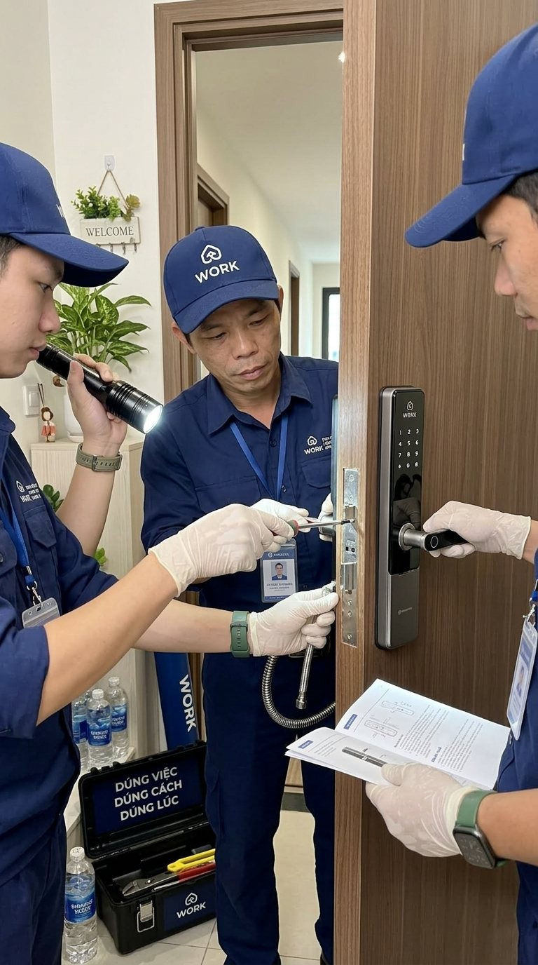 Lắp khóa thông minh Kỹ thuật viên kythuat.work lắp khóa vân tay cho cửa căn hộ, chủ nhà đứng ghi biên bản