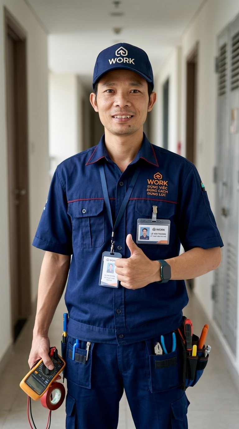 Kỹ thuật viên kythuat.work mặc đồng phục navy, đeo thẻ nhân viên, cầm đồng hồ đo điện