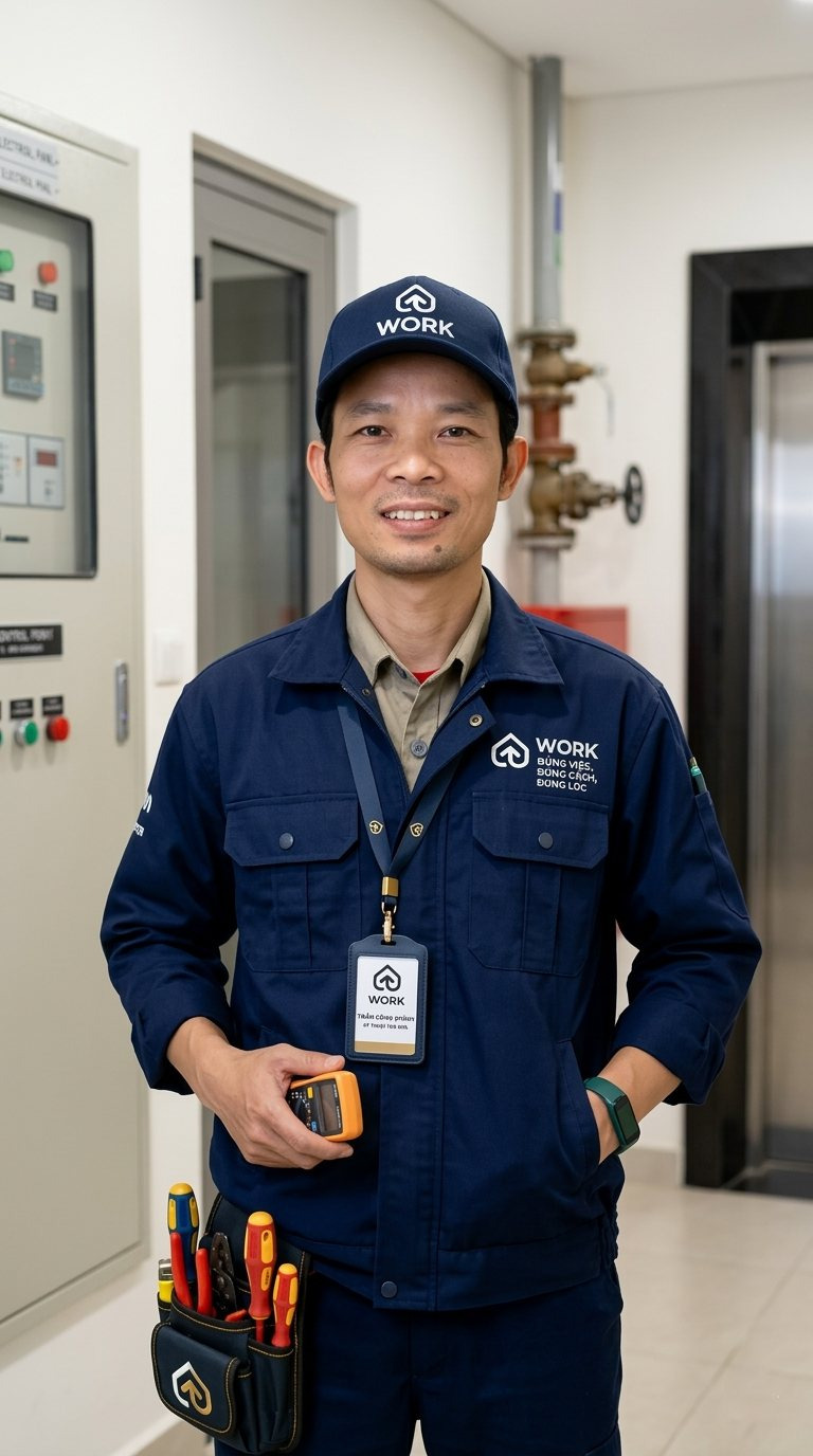 Trong hành lang căn hộ · Đồng phục navy đồng bộ Kỹ thuật viên kythuat.work đứng trong hành lang căn hộ với đồng phục và thẻ nhân viên