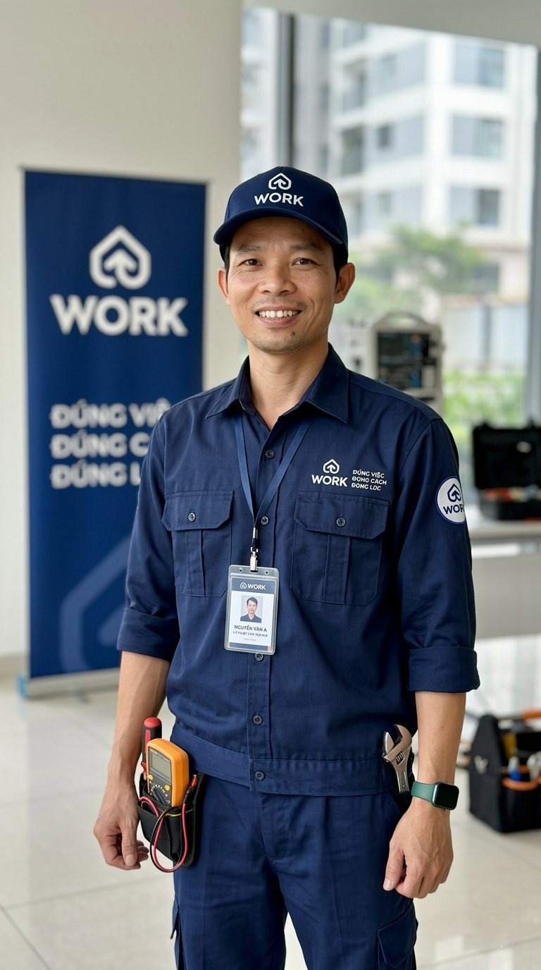 Trước sảnh tòa nhà · Bên standee thương hiệu Kỹ thuật viên kythuat.work đứng trước standee thương hiệu ở sảnh chung cư