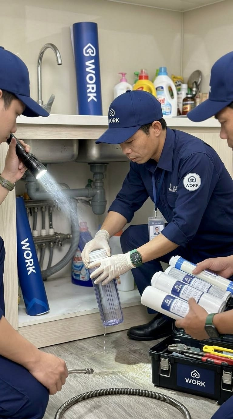 Kỹ thuật viên kythuat.work bảo dưỡng máy lọc nước dưới gầm bếp