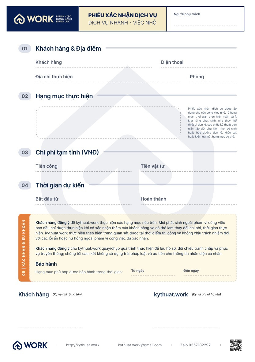 Phiếu xác nhận · Hạng mục và bảo hành Phiếu xác nhận dịch vụ kythuat.work ghi hạng mục thực hiện, chi phí tạm tính và điều khoản bảo hành