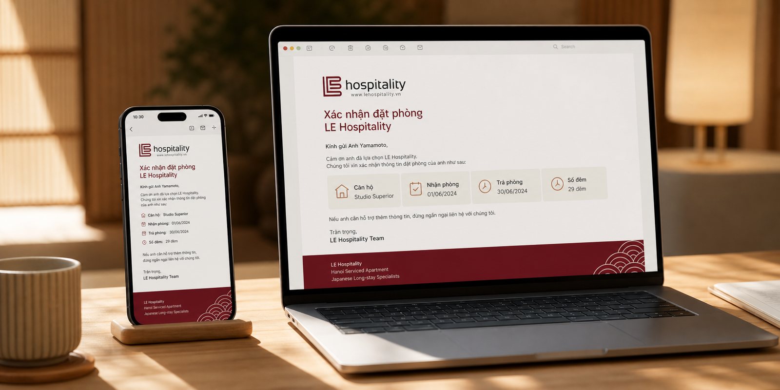 Mẫu email Mẫu email thương hiệu LE Hospitality trên điện thoại và máy tính