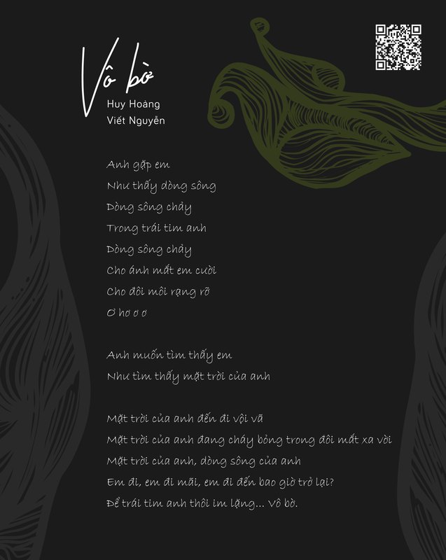 Vô bờ · Huy Hoàng và Viết Nguyễn Trang lời bài Vô bờ nền than với mô típ khắc nét màu ô liu chìm làm nền