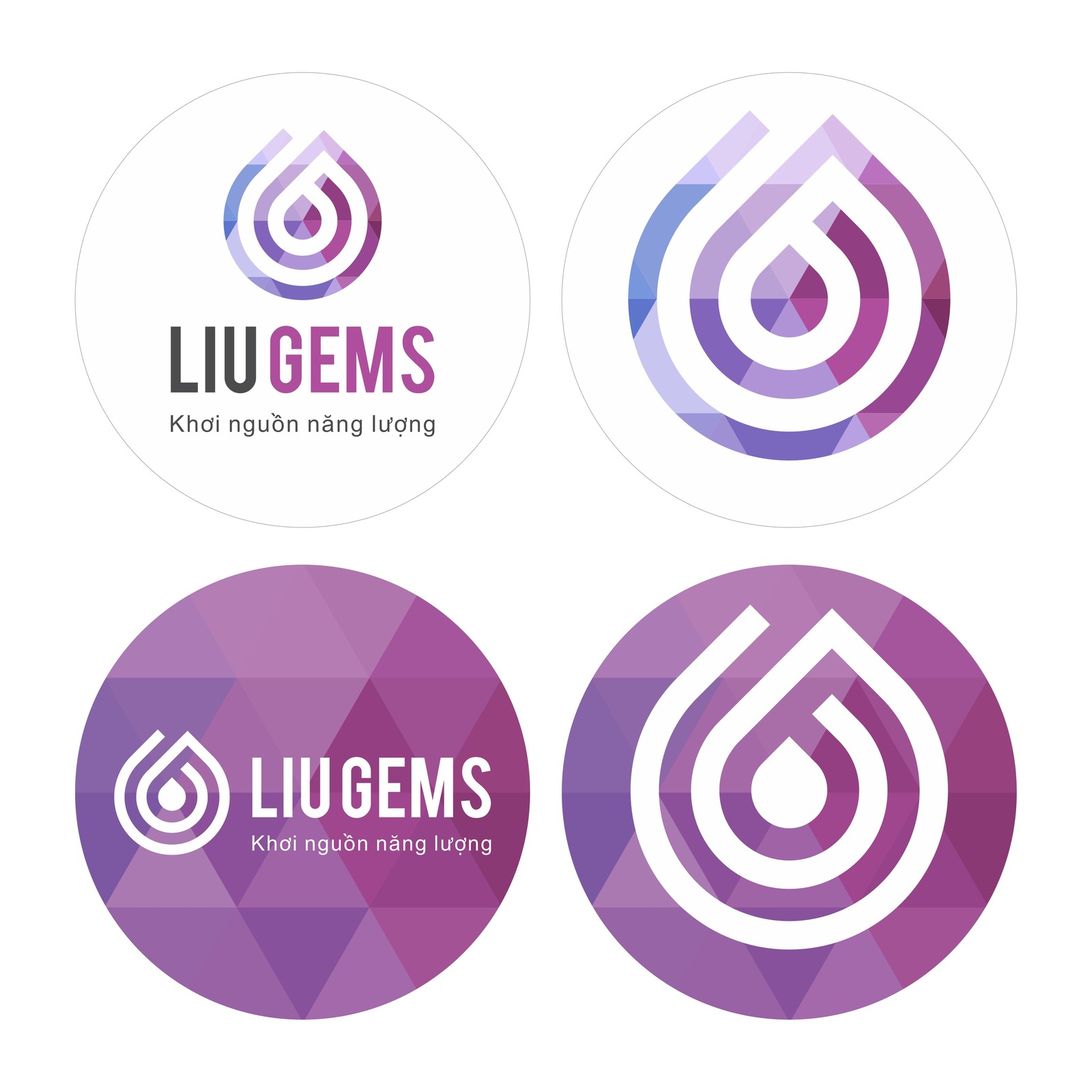 Bốn mẫu tem tròn LiuGems, hai bản nền trắng và hai bản nền chuyển sắc tím