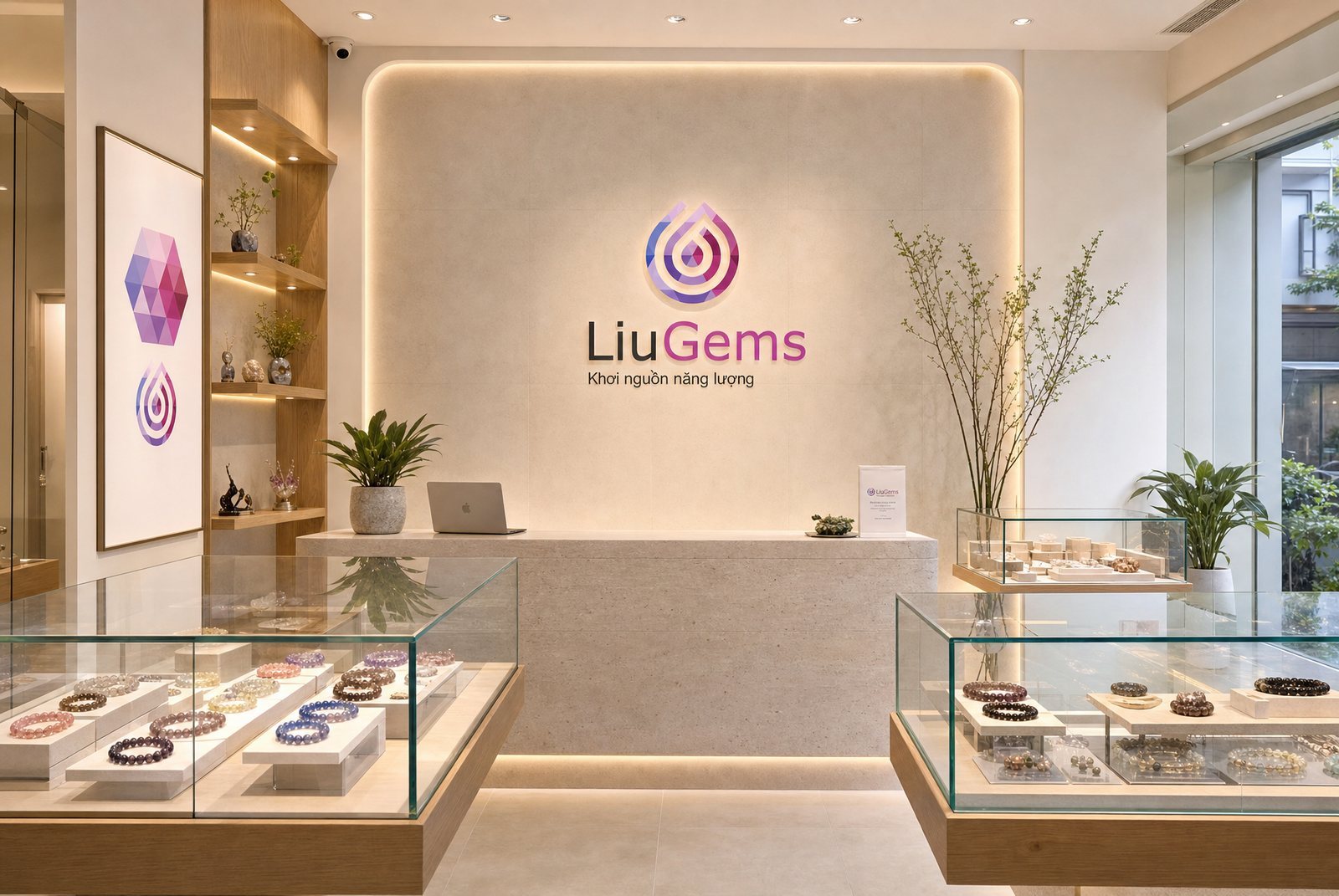 Không gian cửa hàng LiuGems với tường thương hiệu hắt sáng sau quầy, tủ kính trưng vòng đá và tranh lục giác tám sắc trên tường
