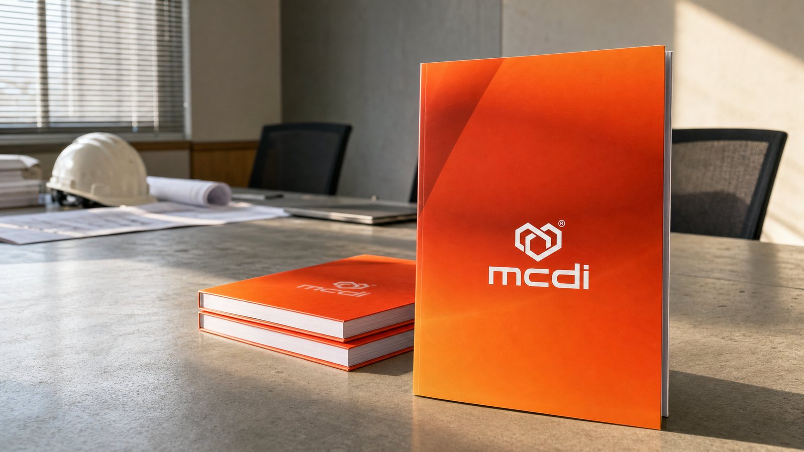 Hồ sơ năng lực mcdi bìa cam dựng đứng trên bàn phòng đấu thầu, hai bản nữa xếp chồng bên cạnh