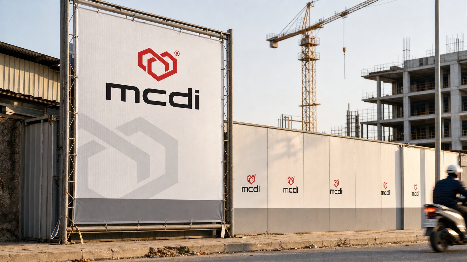 Hàng rào quây công trường mcdi chạy dọc vỉa hè, dấu hiệu lặp đều theo từng tấm