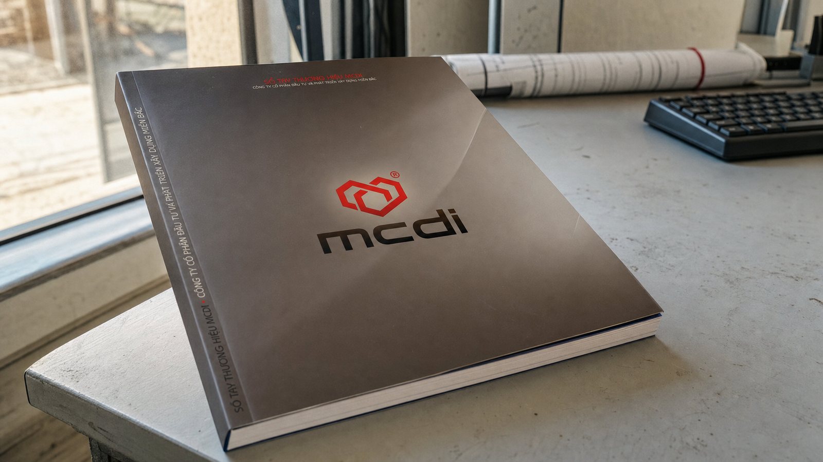 Sổ tay thương hiệu mcdi bìa nâu đặt trên bàn làm việc công trường