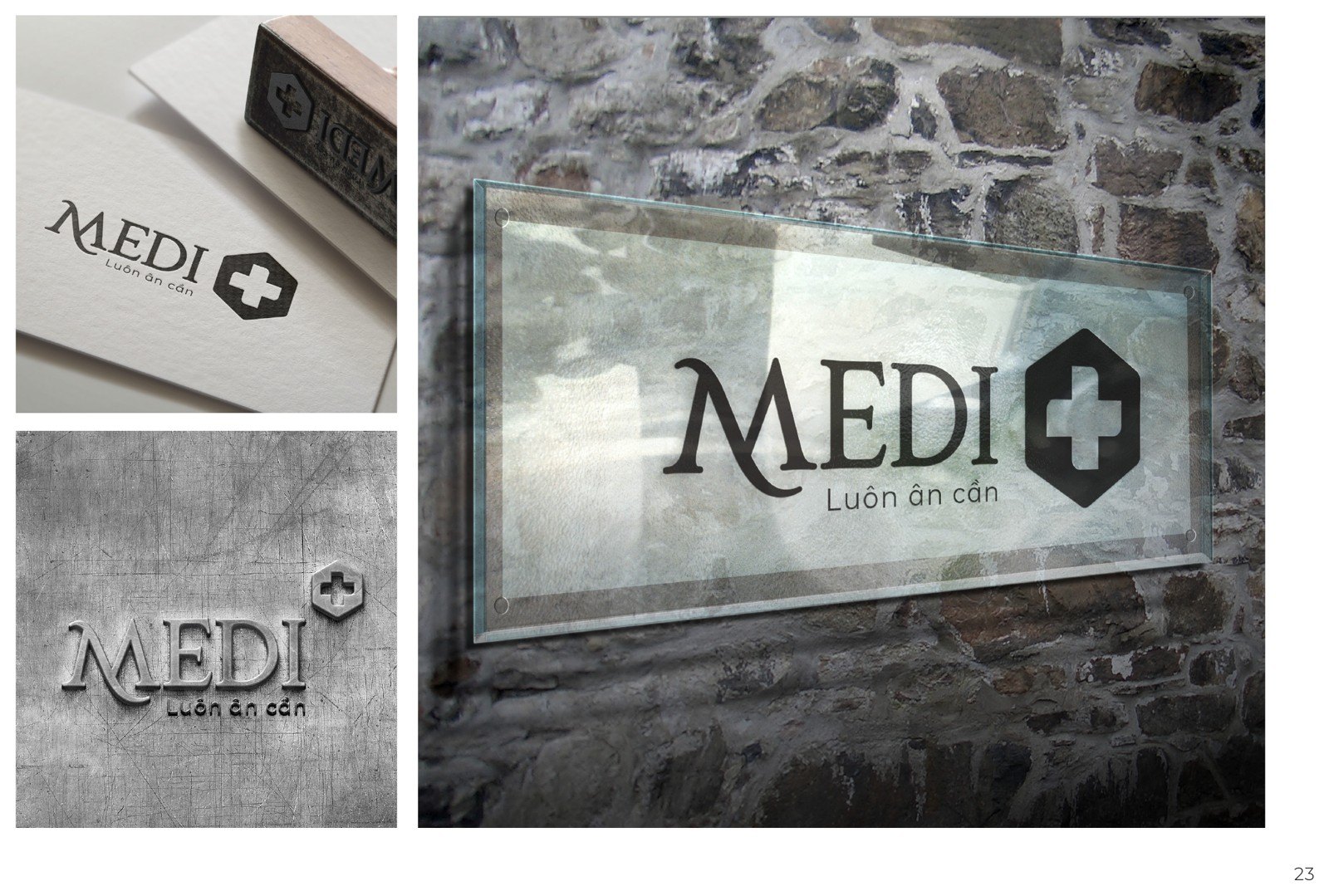 Logo MEDI Plus dập nổi trên chất liệu