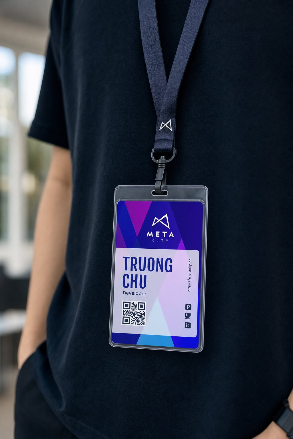 Thẻ nhân sự · Đeo mỗi ngày, mã quét dẫn về trang chính Thẻ nhân sự Metacity đeo trên dây
