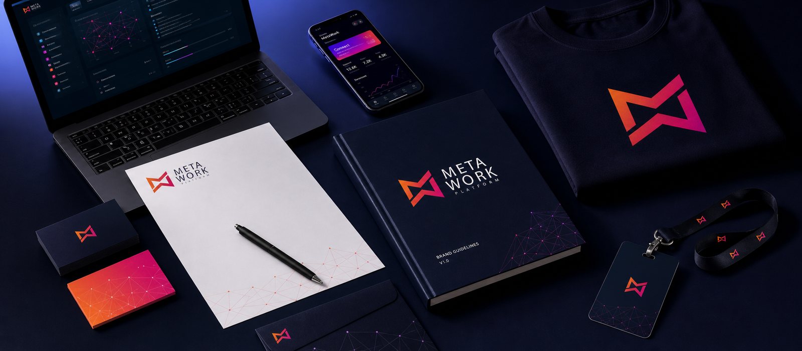 Bộ nhận diện MetaWork dàn trải trên nền navy