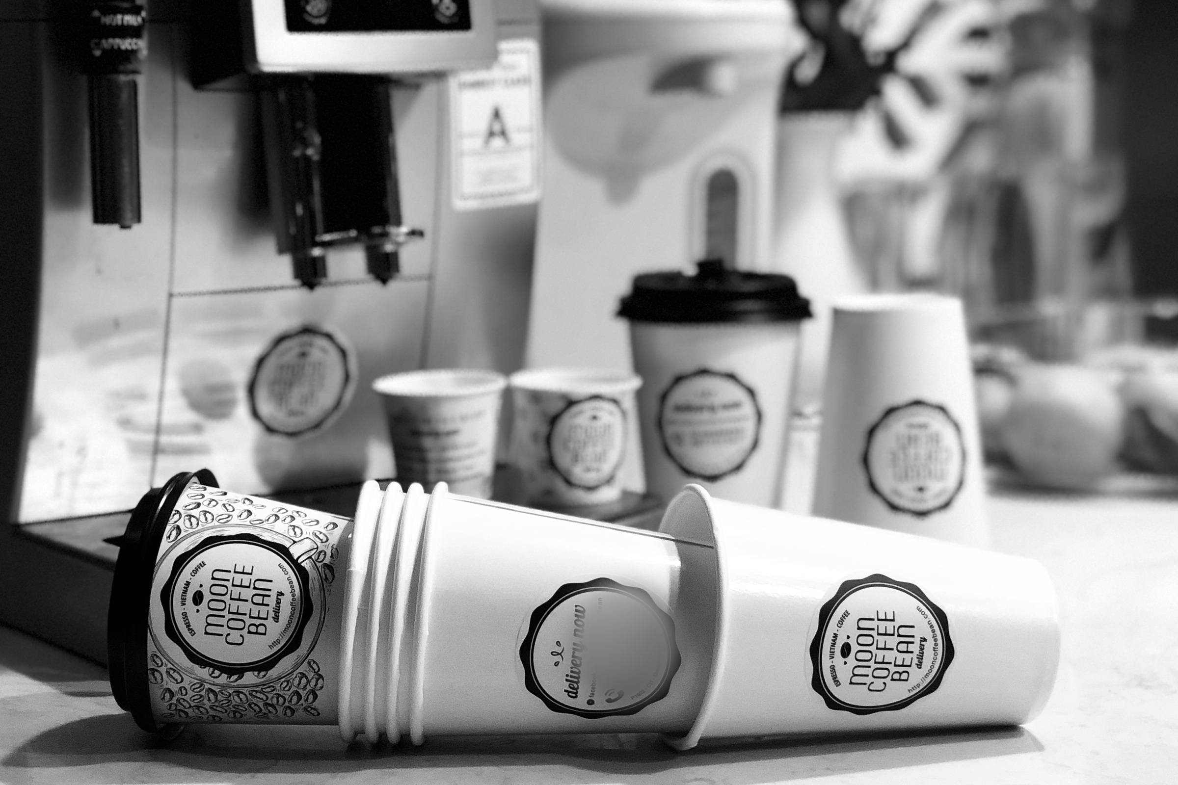 Ba cỡ ly Moon Coffee Bean cùng dán con dấu tròn viền lượn
