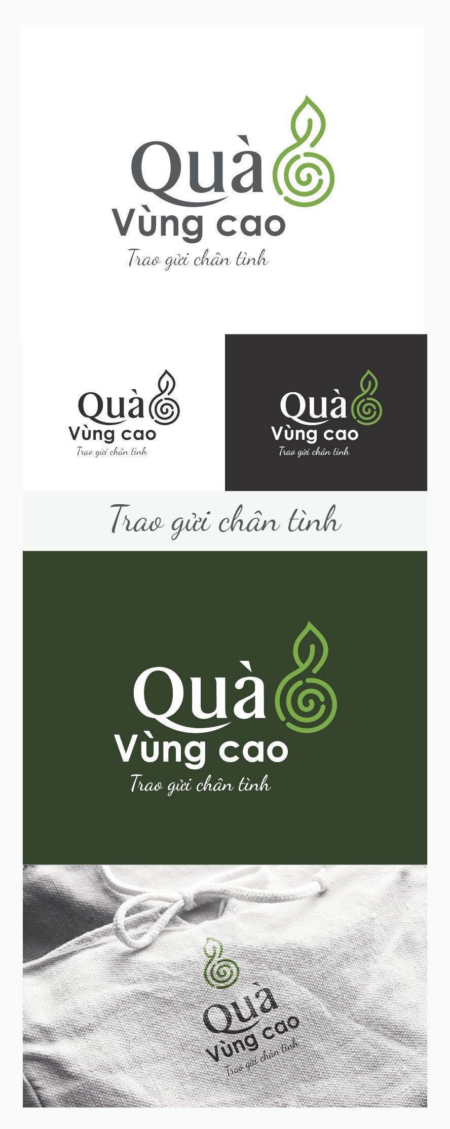 Bộ logo Quà vùng cao gồm biến thể nền sáng, nền tối và nền xanh, kèm câu tuyên ngôn