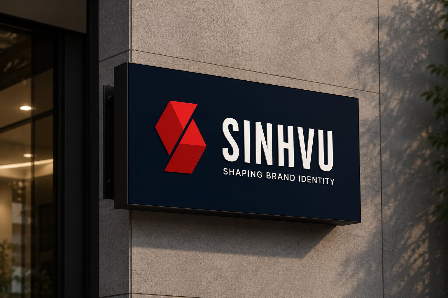 Biển hiệu công ty Biển hiệu Sinh Vũ với biểu tượng và dòng chữ Shaping Brand Identity