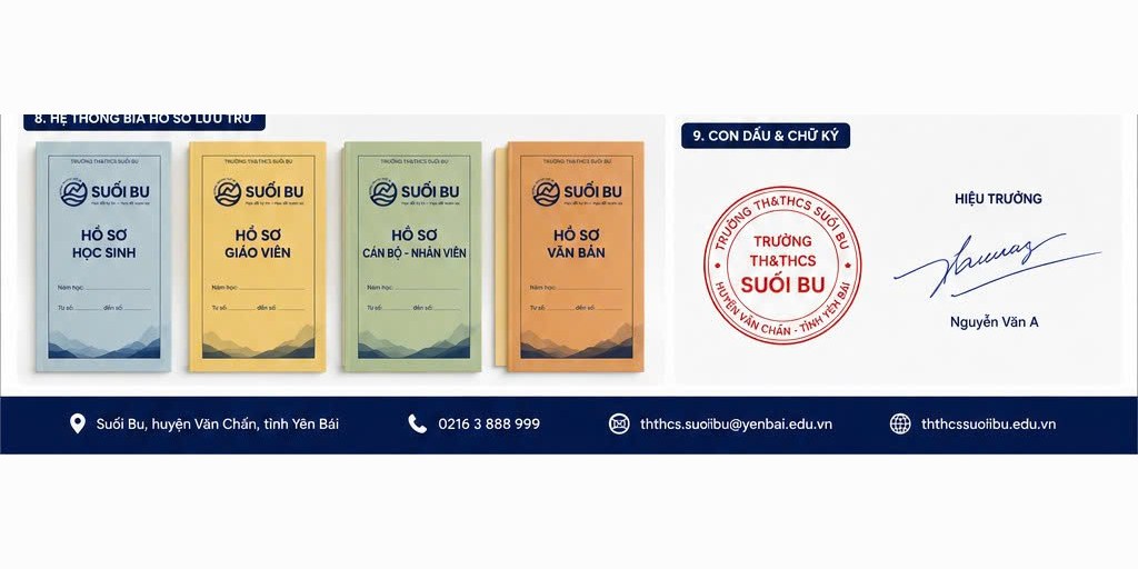 Hệ bìa hồ sơ lưu trữ chia màu và con dấu Trường Suối Bu