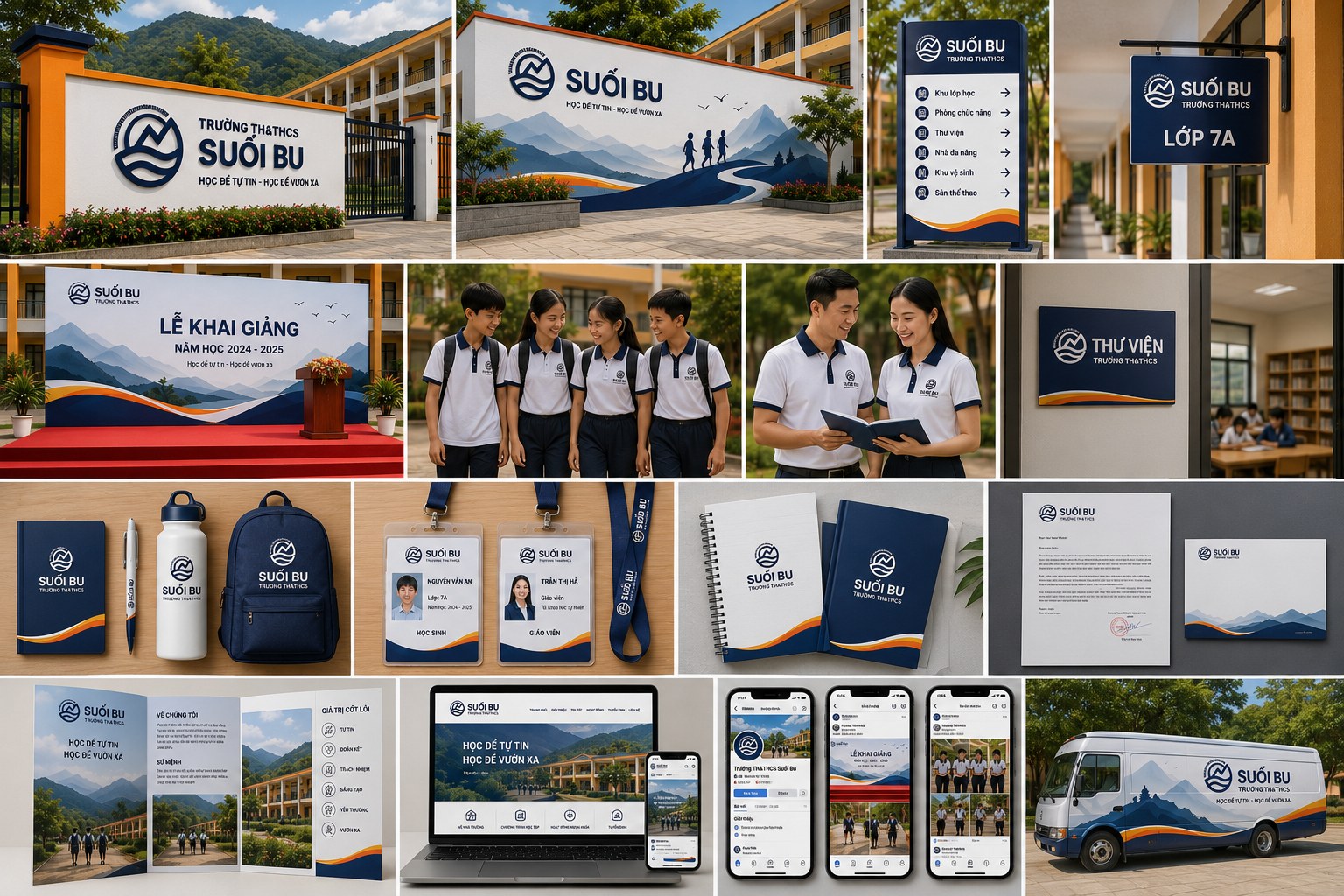 Trọn hệ nhận diện Trường Tiểu học và Trung học cơ sở Suối Bu áp lên cổng trường, đồng phục, thẻ, ấn phẩm và truyền thông
