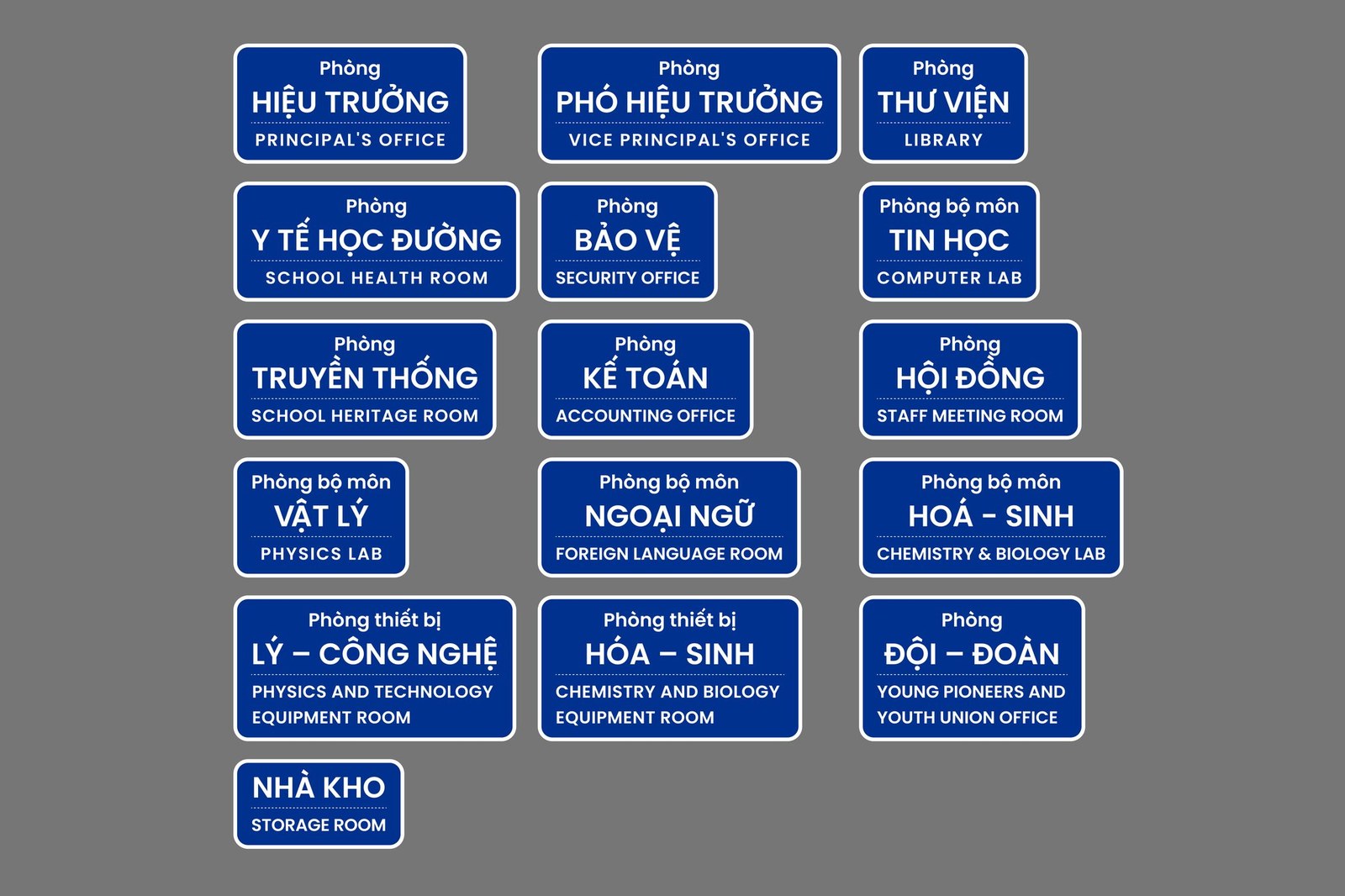 Trọn hệ biển chỉ dẫn phòng ban Trường Suối Bu song ngữ Việt và Anh